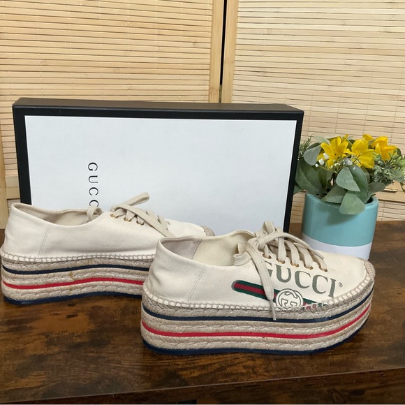 GUCCI 
Canvas Logo Lace-Up Platform Espadrilles 36 Greggio Grege - Picture 6 of 15